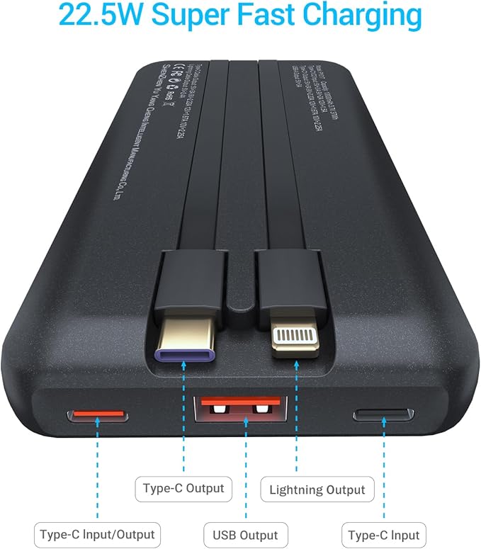 Antteez Portable Charger with Built in Cable - 10000mAh Fast Charging 22.5W Power Bank USB C LED Display Travel Battery Pack 4 Outputs & 2 Inputs for iPhone Samsung iPad Phones Tablets