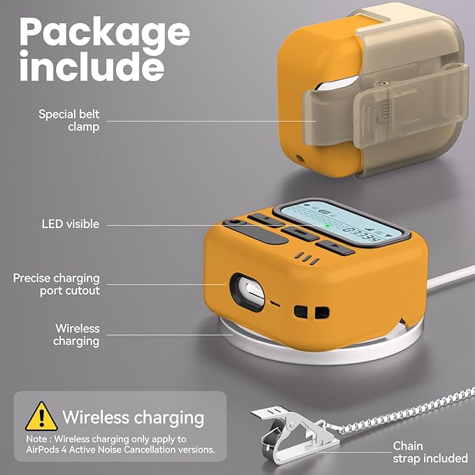(with Safety Lock) Pager Cases for AirPods 4 Case Cover 2024 with Cleaner Kit,Sturdy Hard PC Protective for Apple AirPods 4th Generation Case for Men Women,AirPods 4 Accessories with Keychain-Yellow