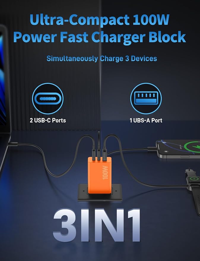 2Pack 100W USB C Charger Block, 3Port Fast Charging Adapter, Type C Fast Charging Blocks Cube PD USBC Wall Plug+QC3.0 USB A Charger Brick for MacBook Pro/Air,iPad,iPhone 17/16,Samsung S25 &More-Orange