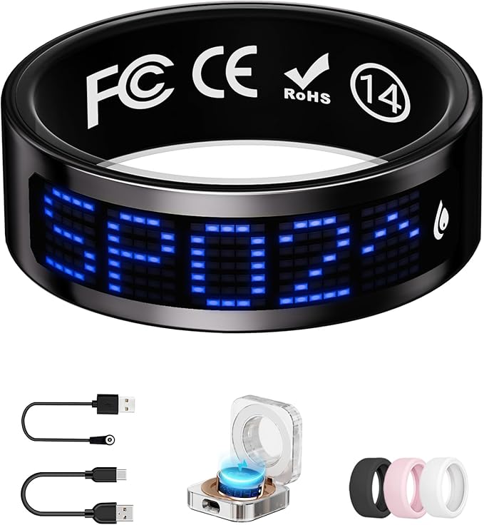 Smart Ring for Women & Men with Display, Health Ring with Heart Rate, Sleep Monitor, IP68 Waterproof Fitness Ring, Fitness Tracker Ring, No APP Fee for iPhone and Android (Black, 14#)