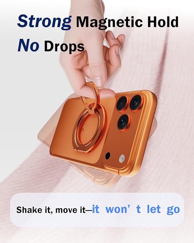 Phone Grip for MagSafe,360°& 180°Rotation Magnetic Phone Ring Holder with Kickstand,Dual-Ring Thin Phone Stand for 17/16/15/14/13/12 Series-Orange