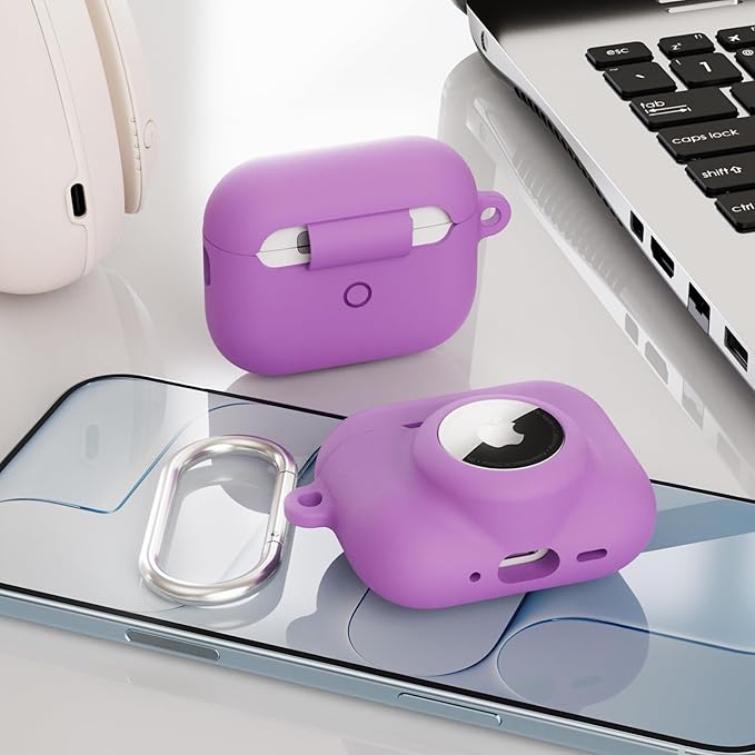 2 in 1 Silicone Case Compatible with AirPods Pro 3 and AirTag 2/1, Shockproof Protective Case Cover for AirPods Pro 3rd Generation 2025 with Cleaner Kit & Carabiner (Purple)