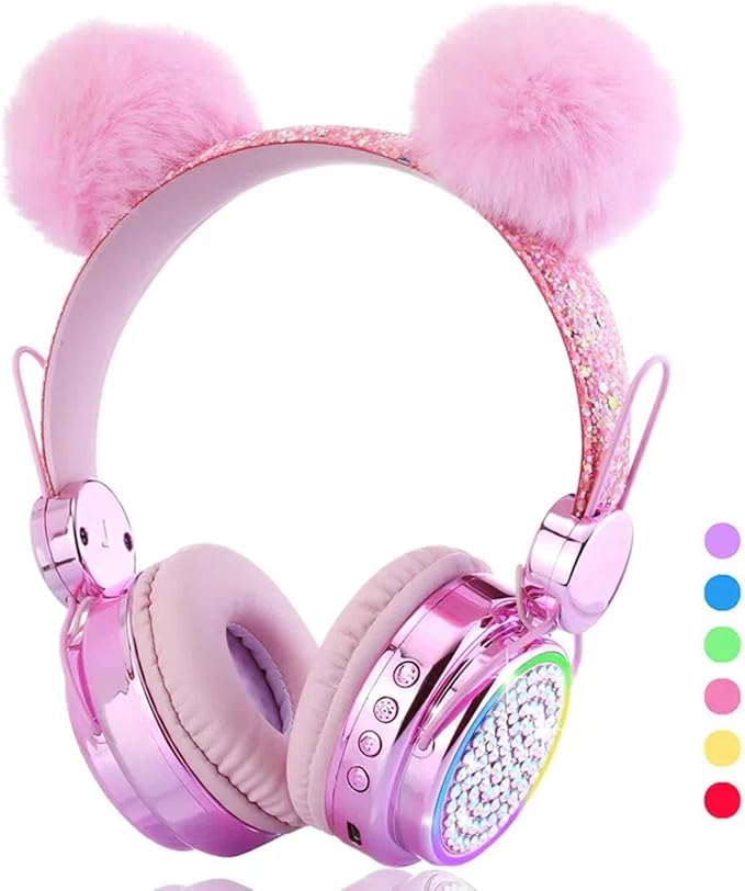 Kids Headphones Wireless Bluetooth 5.3 Colorful LED Lights Over-Ear 85dB Volume Limited Girls Headphones for Children/Teens/Gift/School/Tablet/Travel (Pink)