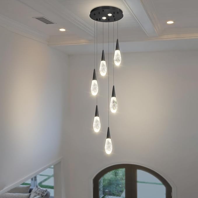 Modern Crystal Chandelier 6-Lights Pendant Chandeliers for Staircase Black Kitchen Pendant Light Fixture Hanging Lighting for Dining Room Living Room Bedroom Entryway