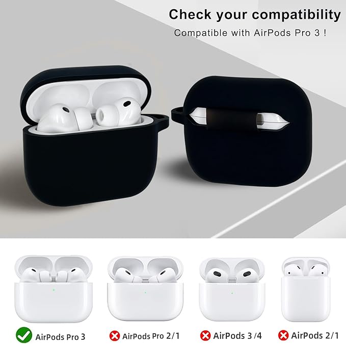 Compatible with AirPods Pro 3 Case Cover 2025 with Bling Keychain Cleaner Kit Silicone Case for AirPods Pro 3rd Generation Wireless Earbuds (Black)