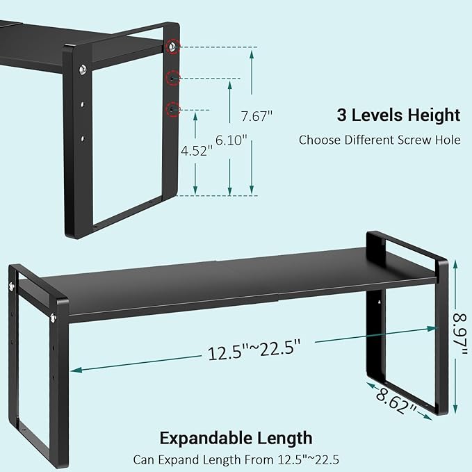 Expandable Kitchen Cabinet Organizer Shelves, Stackable Heavy Duty Metal Pantry Organizers, Adjustable Cabinet Shelf for Cupboard, Pantry & Under Sink Space Saver, Black, Patent Pending