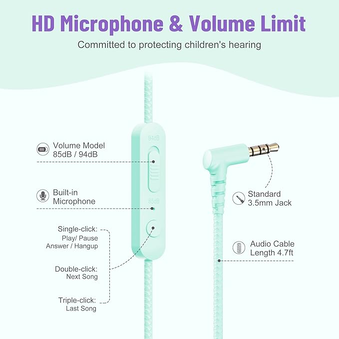 rockpapa Share 1 Kids Headphones Wired with Microphone & Share Port, 85dB/94dB Volume Limited, Cute Foldable Student Child Boys Girls Headphones for School/Classroom/Travel Green/Purple