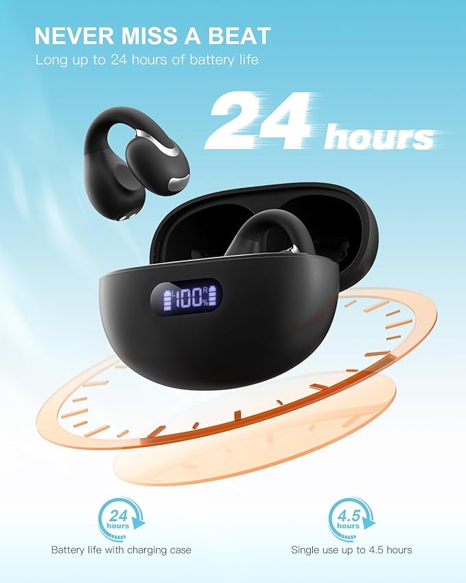 Open Ear Clip Wireless Earbuds Bluetooth 5.4, Lightweight Comfort Sports Bone Conduction Headphones Built-in Mic for Clear Audio, Stable Fit Earphones 24H Play-Black