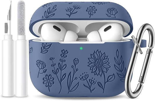 Hamile for AirPods Pro 2nd Generation Case with Cleaner Kit & Keychain, Cute Flower Engraved Soft Silicone Protective AirPods Pro Case Cover for Apple AirPods Pro Case 2nd/1st Generation, Blue Gray