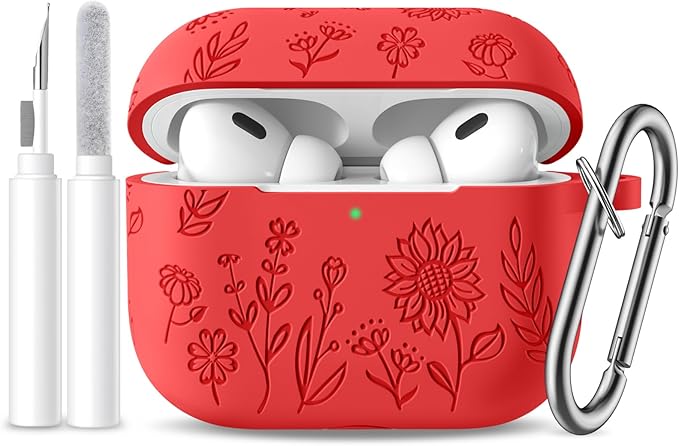 Hamile for AirPods Pro 2nd Generation Case with Cleaner Kit & Keychain, Flower Engraved Soft Silicone Protective AirPods Pro Case Cover for Apple AirPods Pro Case 2nd/1st Gen,Front LED Visible, Red