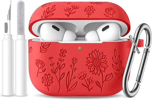 Hamile for AirPods Pro 2nd Generation Case with Cleaner Kit & Keychain, Flower Engraved Soft Silicone Protective AirPods Pro Case Cover for Apple AirPods Pro Case 2nd/1st Gen,Front LED Visible, Red