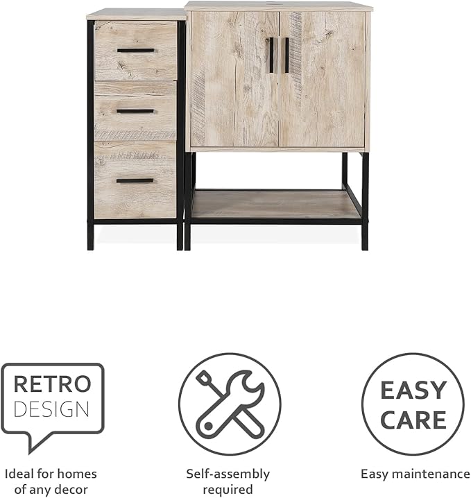 eclife 36" Bathroom Vanity Sink Combo Modern Metal Stand Cabinet W/Bottom Shelf & Storage Side Cabinet, Oak (Without Sink)