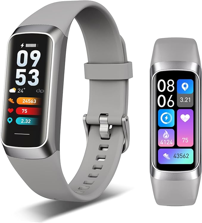 Fitness Tracker, 24/7 Heart Rate Blood Oxygen Blood Pressure Body Temp Monitor Sleep Calorie Tracker with 1.1" AMOLED Touch Color Screen Pedometer Smart Watch Waterproof for Women Men (Silver Gray)
