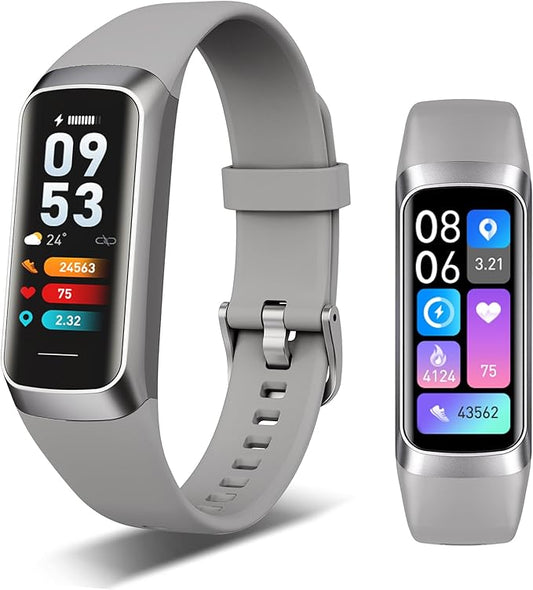 Fitness Tracker, 24/7 Heart Rate Blood Oxygen Blood Pressure Body Temp Monitor Sleep Calorie Tracker with 1.1" AMOLED Touch Color Screen Pedometer Smart Watch Waterproof for Women Men (Silver Gray)
