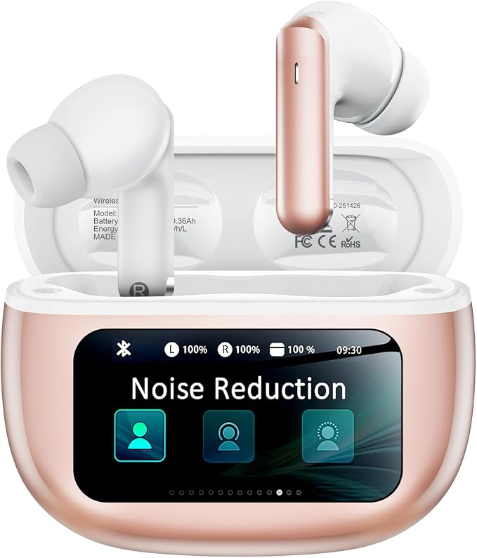 Wireless Earbuds with Smart Touchscreen Case, AI Noise Cancelling Ear Buds