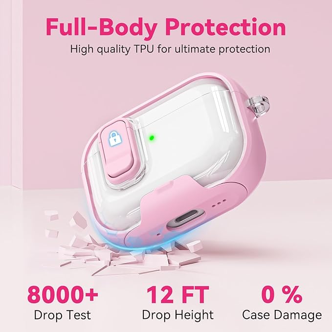 for AirPods Pro 3 Case 2025, with Keychain & Cleaner Kit, Soft TPU Cover for AirPods 3rd Generation Case with Safety Lock & Phone Stand, iPod Pro 3 Case Clear Cute Funny for Women Girls - Pink