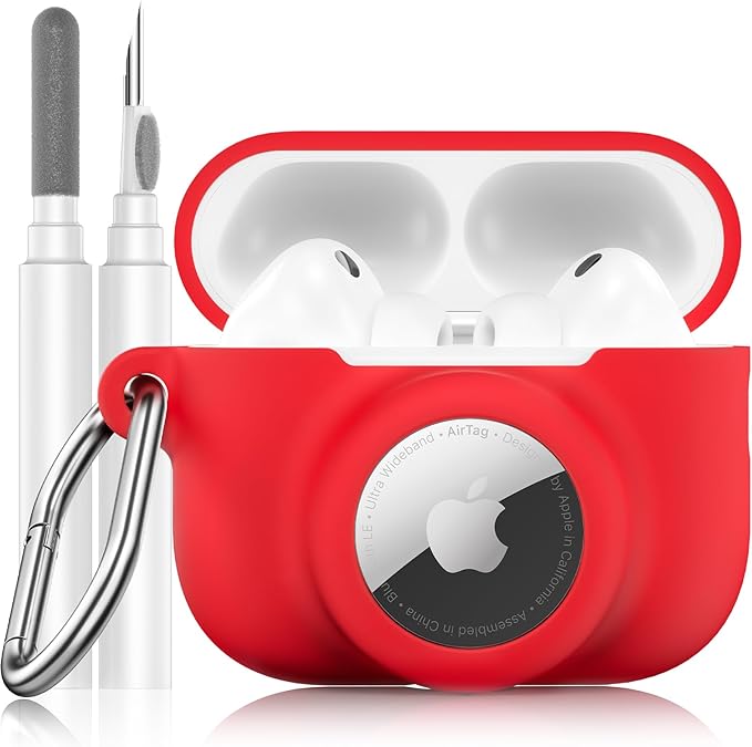 2 in 1 Silicone Case Compatible with AirPods Pro 3 and AirTag 2/1, Shockproof Protective Case Cover for AirPods Pro 3rd Generation 2025 with Cleaner Kit & Carabiner (Red)