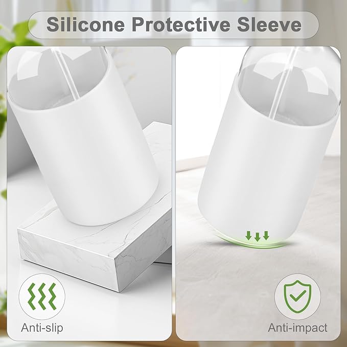 2 Pack Glass Spray Bottles with Silicone Sleeve, 16 oz Empty Refillable Containers with Adjustable Spray Nozzles, Spray Bottles for Hair, Cleaning Solutions and Plants White