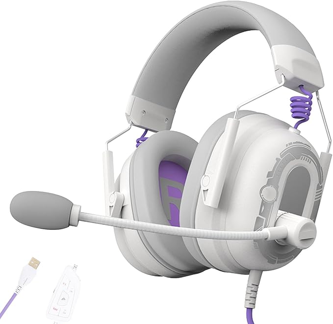 VBESTLIFE Wired USB Gaming Headset, Advanced 7.1 Surround Sound, AI Noise Reduction Microphone, Control Box, Lightweight Over Ear Wired Headphones for Gaming (Black) (White)