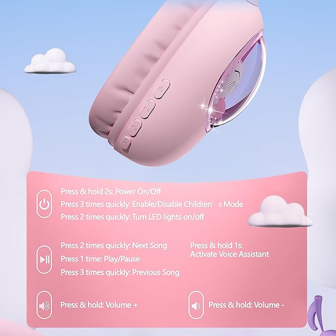 esonstyle Kids Headphones Cat Ear - Bluetooth 5.4 Over-Ear Noise Cancelling Headphones with Microphone LED Lights Up 85dB Safe Volume Limit Wireless or 3.5mm Wired USB C for Travel iPad Tablet (Pink)