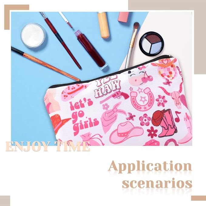 Lets Go Girls cosmetic Bag for Teens Cowgirls Country Girl Birthday Christmas Gifts for Women Girls Friend Bestie Sister Pink Western Makeup Bag Organizer Travel Pouch for Makeup Chargers