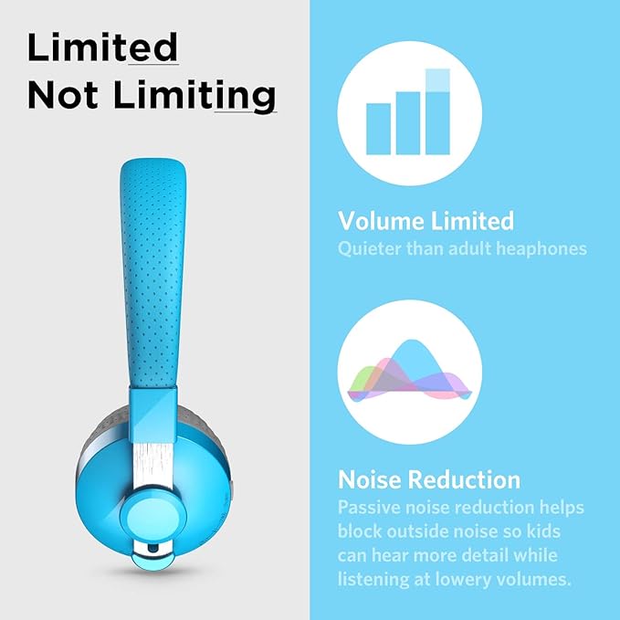 LilGadgets Bluetooth Headphones - Ages 4+ - On-Ear, Blue - Volume-Limited Kids Headphones for School with SharePort Tech & Mic - SoftTouch Padding, 12 Hr Playtime