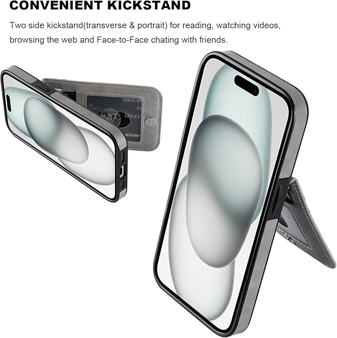 KIHUWEY Compatible with iPhone 15 Case Wallet with Credit Card Holder, Flip Premium Leather Magnetic Clasp Kickstand Heavy Duty Protective Cover for iPhone 15 6.1 Inch (Gray)