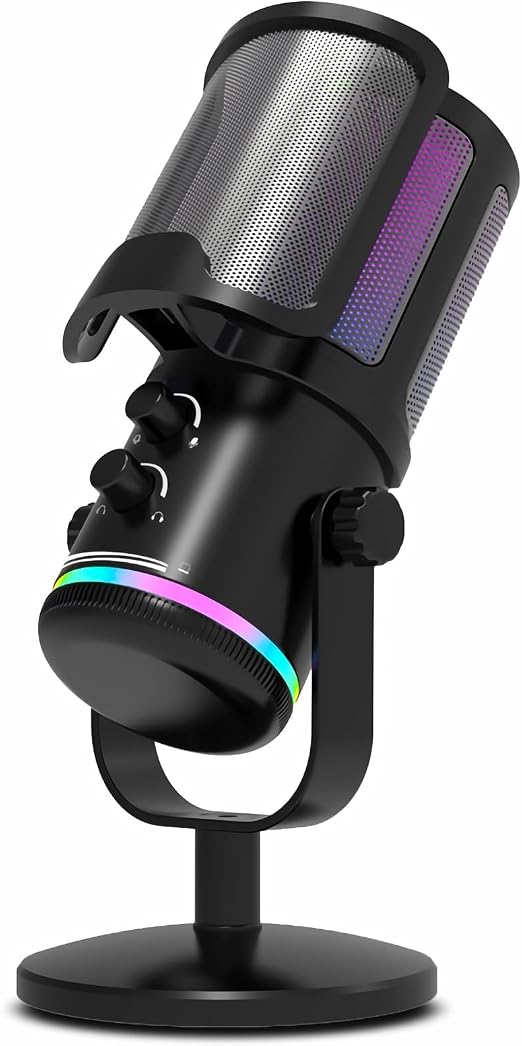 Gaming USB Microphone for PC PS4/5 - Condenser Mic with Quick Mute, RGB Indicator Desktop Stand Pop Filter Gain Control for Streaming Discord Twitch Podcasts Videos (Black)