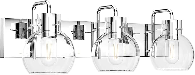 Tipace Modern Bathroom Vanity Lighting Fixtures 3-Lights Industrial Stainless Steel Chrome Finish with Globe Clear Glass Vanity Lights Farmhouse Bath Lighting(Exclude Bulb)