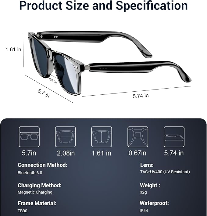 Blackview Smart Glasses, Polarized Bluetooth Sunglasses with Speaker, Voice Control, UV Protection, Anti Blue Light Lens