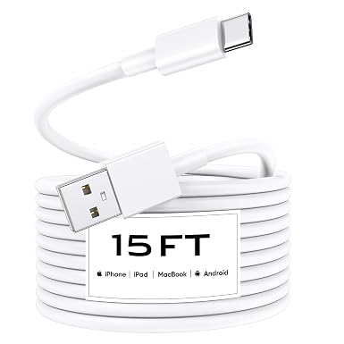 Car Carplay Cable for iPhone 17/17 Pro/Air/16e/16/15 Pro Max/Plus (15FT) Durable TPE Long USB to USB C Cable for Apple Car Play iPhone 17 16 15, White USB A to USB C Charger Cable