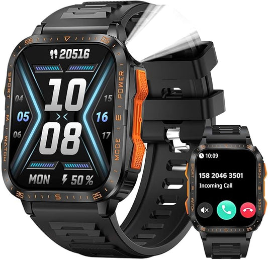 Military Smart Watches for Men (Make/Answer Call) with LED Flashlight 1.96" Screen 430mAh Fitness Tracker with Sport Modes Heart Rate Sleep Monitor Rugged Smartwatch for iPhone Android