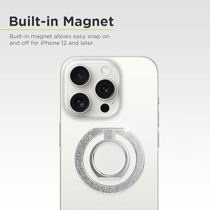 PureGear Magnetic Phone Grip Ring Stand, Magnetic Phone Ring Holder for MagSafe iPhone Air, 17, 17Pro, 17ProMax, 16, 16Pro, 16Plus, 16ProMax, 15, 15Plus, 14, 13,12 Adjustable Kickstand(Silver Glitter)