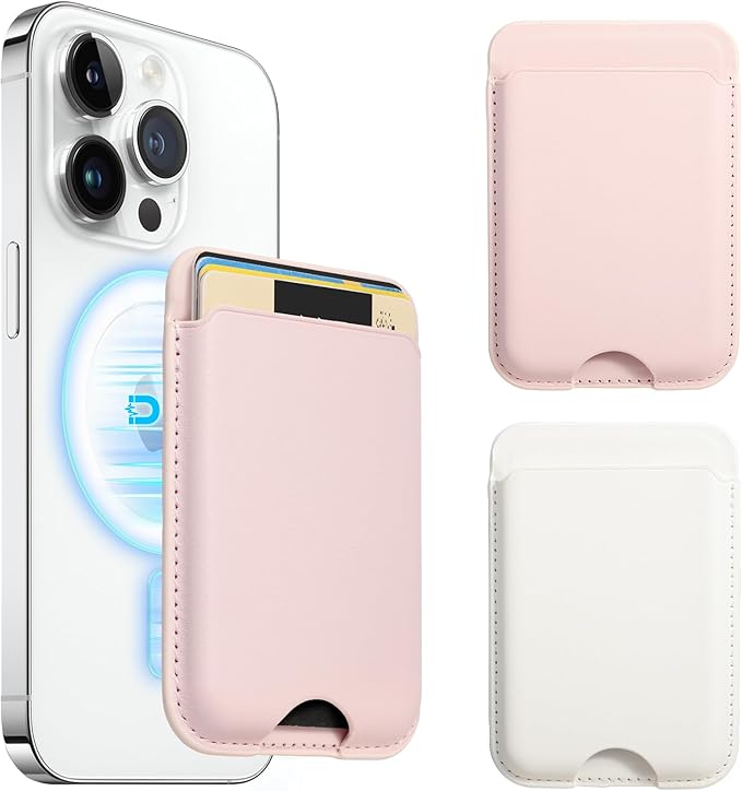 Magnetic Wallet Compatible with Apple Magsafe,2Pack Mag Safe Card Holder for iPhone 15/14/13/12 Pro/Max/Plus/Case,Vegan Leather RFID Phone Wallet Fits 4 Cards - White+Pink
