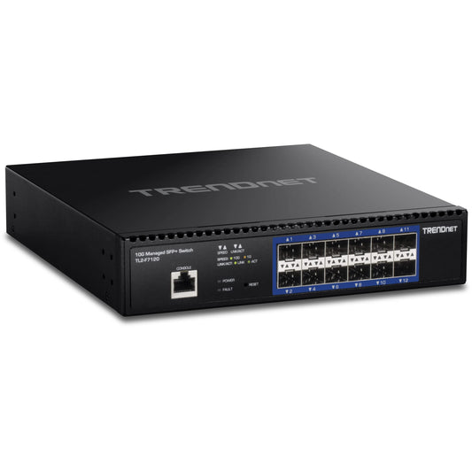 TRENDnet 12-Port 10G Layer 2 Managed SFP+ Switch, TL2-F7120, 12 x 10G SFP+ Ports, 240Gbps, Ethernet Splitter, NDAA & TAA Compliant, Lifetime Protection, Black