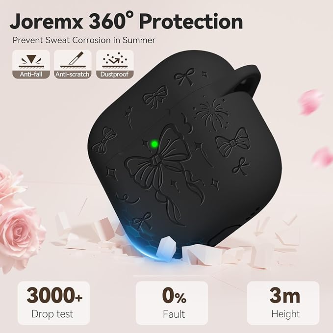 for Airpods 4 Case Cover, Joremx Cute Bow Engraved Silicone Protective Case Cover with Keychain, Cleaner Kit for AirPods 4th Generation Case 2024 (Black)