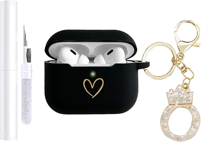Compatible with AirPods Pro 3 Case Cover (2025), Soft Silicone Case with Gold Heart Pattern for AirPods Pro 3rd Generation Case with Rhinestone Studded Letter A-Z Keychain (O Black)