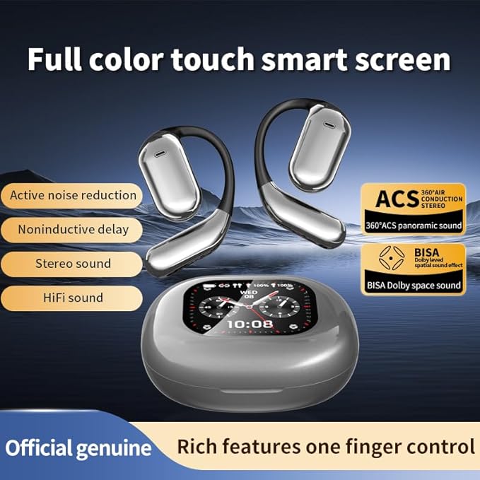 Open Ear Bluetooth 5.4 Headphones with Intelligent Touch Screen Ear Hooks IPX7 Waterproof Bone Conduction Earbuds for Running Fitness Sport Grey