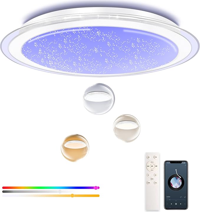WF-Version LED Ceiling Light with Speaker 50W 17Inch Control via app/Voice/Remote Adjustable Brightness & Color Temperature Ceiling Lamp RGB Ambient Lighting for Bedroom Kids Room and More