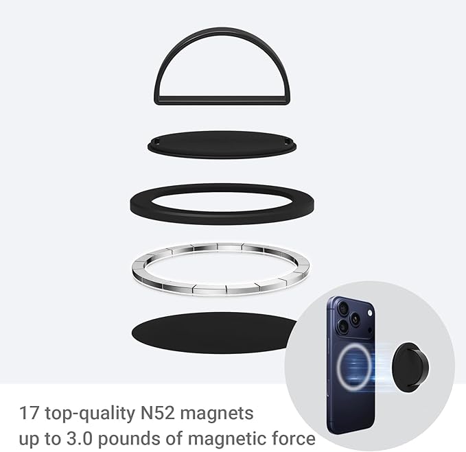 Grat 3 Lite Magnetic Phone Loop, [Nylon-core Silicone Strap] 360° Rotatable Phone Grip, Detachable Finger Holder Compatible with Magsafe for iPhone 16 15 14 13 12 Pro/max, Black
