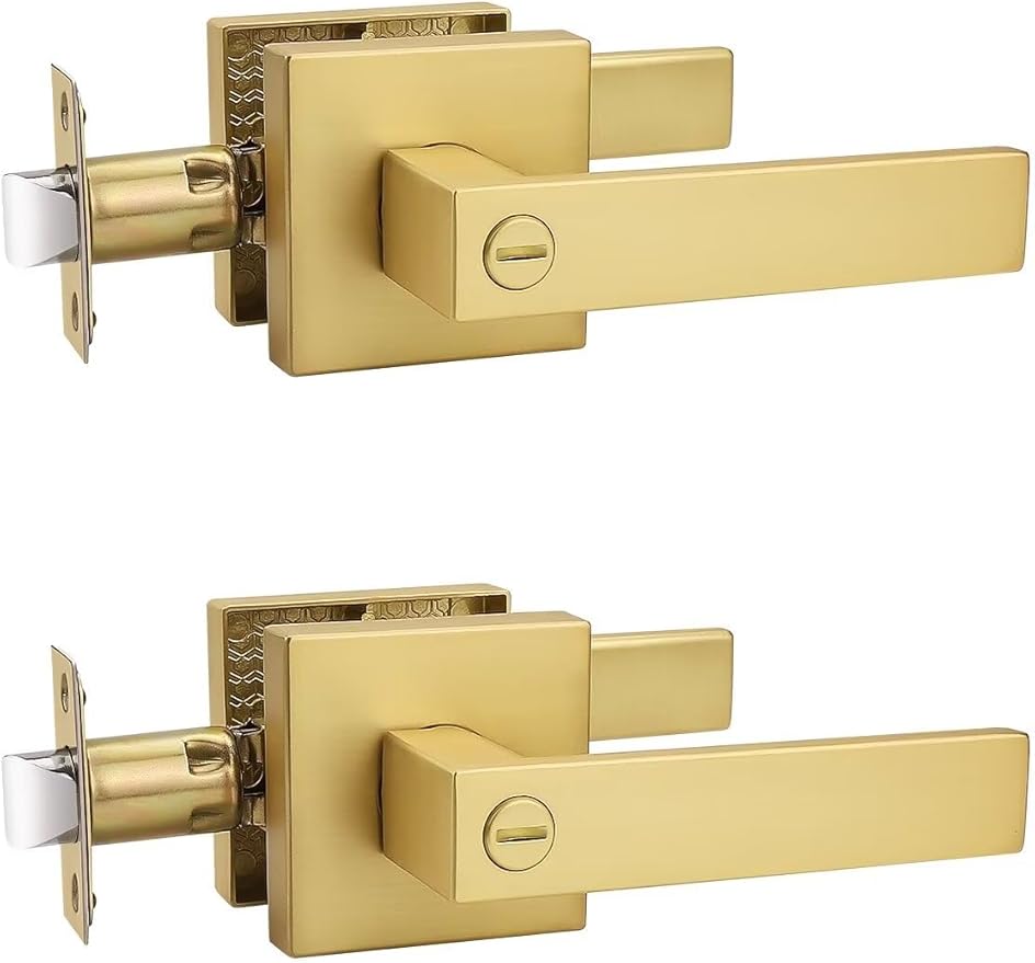 2 Pack Heavy Duty Gold Square Privacy Interior Door Levers, Satin Brass Finish, Bedroom and Bathroom Door Handles Keyless Bed/Bath Lockset