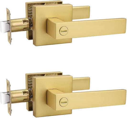 2 Pack Heavy Duty Gold Square Privacy Interior Door Levers, Satin Brass Finish, Bedroom and Bathroom Door Handles Keyless Bed/Bath Lockset