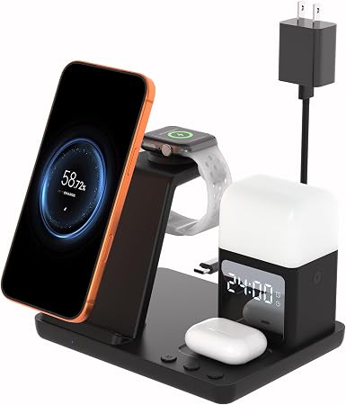 Wireless Charger for iPhone, 6in1 Fast Phone Charger Stand Dock Alarm Clock Night Light, Wireless Charging Station for Apple Watch, for Airpods 3/2/Pro, for iPhone 17/1615/14/13/12/11/Pro/Max (Black)