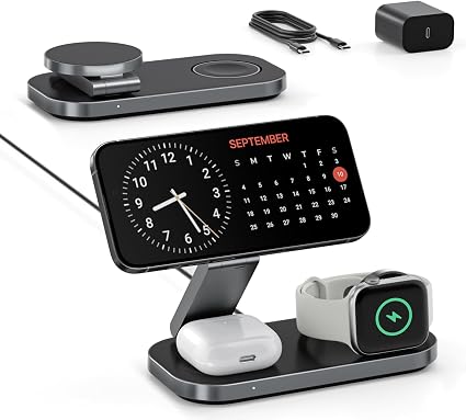 Keepro 3-in-1 Charging Station for Apple Device, Foldable Magnetic Wireless Fast Charger Stand Compatible with MagSafe for iPhone 18/17/16/15/14/13/12/Air/Duo Series, Apple Watch & AirPods-Black
