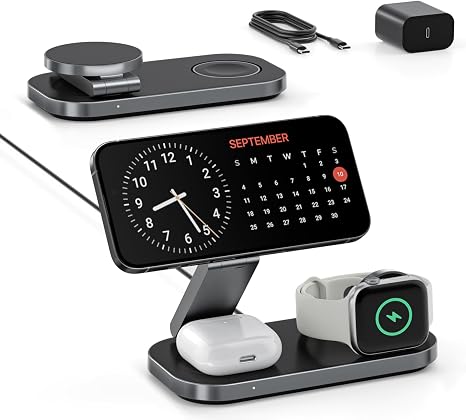 Keepro 3-in-1 Charging Station for Apple Device, Foldable Magnetic Wireless Fast Charger Stand Compatible with MagSafe for iPhone 18/17/16/15/14/13/12/Air/Duo Series, Apple Watch & AirPods-Black