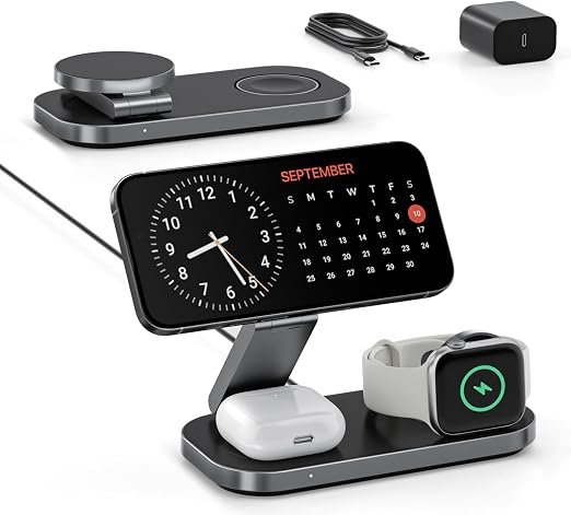 Keepro 3-in-1 Charging Station for Apple Device, Foldable Magnetic Wireless Fast Charger Stand Compatible with MagSafe for iPhone 18/17/16/15/14/13/12/Air/Duo Series, Apple Watch & AirPods-Black