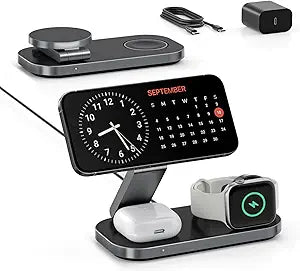 Keepro 3-in-1 Charging Station for Apple Device, Foldable Magnetic Wireless Fast Charger Stand Compatible with MagSafe for iPhone 18/17/16/15/14/13/12/Air/Duo Series, Apple Watch & AirPods-Black