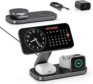 Keepro 3-in-1 Charging Station for Apple Device, Foldable Magnetic Wireless Fast Charger Stand Compatible with MagSafe for iPhone 18/17/16/15/14/13/12/Air/Duo Series, Apple Watch & AirPods-Black