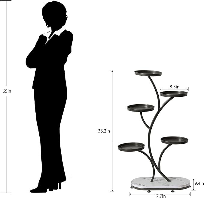 Black 5 Tier Wood Metal Tall Shelf Multiple Plant Holders Plant Stand for Indoor, Outdoor, Corner, Living Room, Balcony, and Bedroom