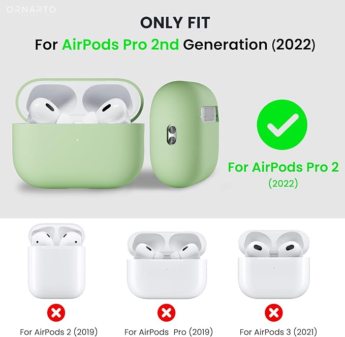 ORNARTO Compatible with AirPods Pro 2 Case 2022, Full Protective Hybrid Silicone for AirPods Pro 2nd Generation Case, Front LED Visible Skin Cover-Pistachio Green